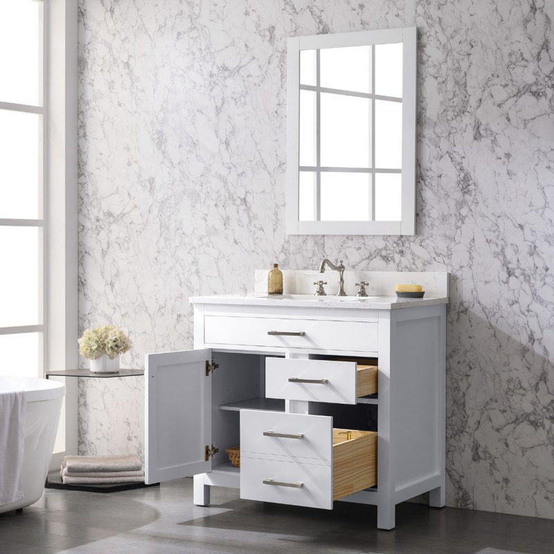 Meuble-lavabo simple 36 po Ajhane, Blanc / nickel brossé
