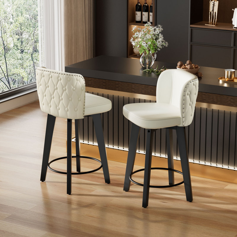 Swivel Upholstered Solid Wood Bar & Counter Stool（Set of 3）, White