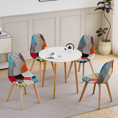40.5cm Patchwork Linen Nordic style Dining Chairs with Solid Wood Legs