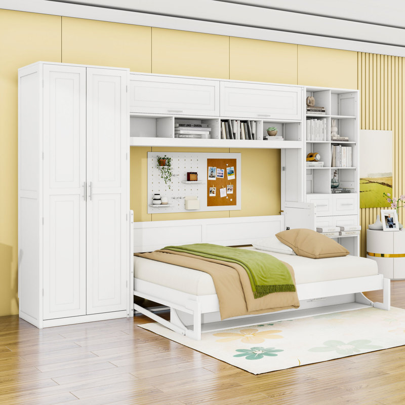 Lit escamotable en bois avec 2 tiroirs, tablettes et garde-robe, Double, Blanc