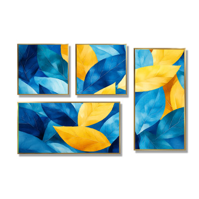 Bleu et jaune, feuilles numériques, feuilles II - art mural floral grand, 4 pièces