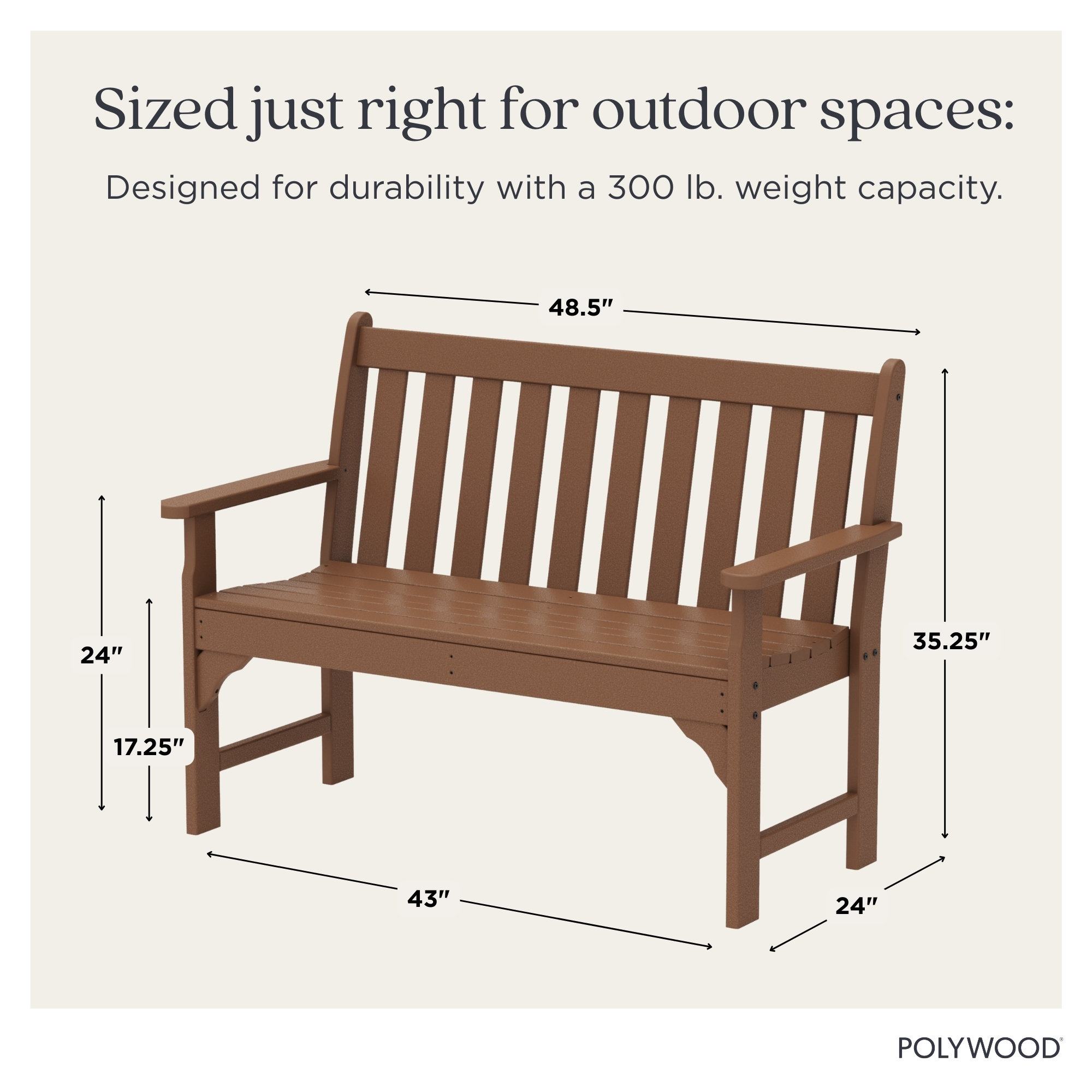 POLYWOOD Vineyard Patio Bench, 35.25" H x 48" W x 24" D, Teak