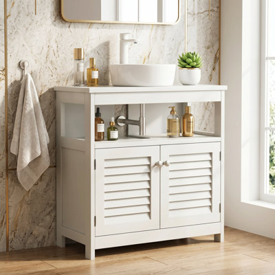 U-Shaped Under Sink Bathroom Cabinet, Open Shelf + Double Door, Non-Slip Pads, Wall-Mount Sink