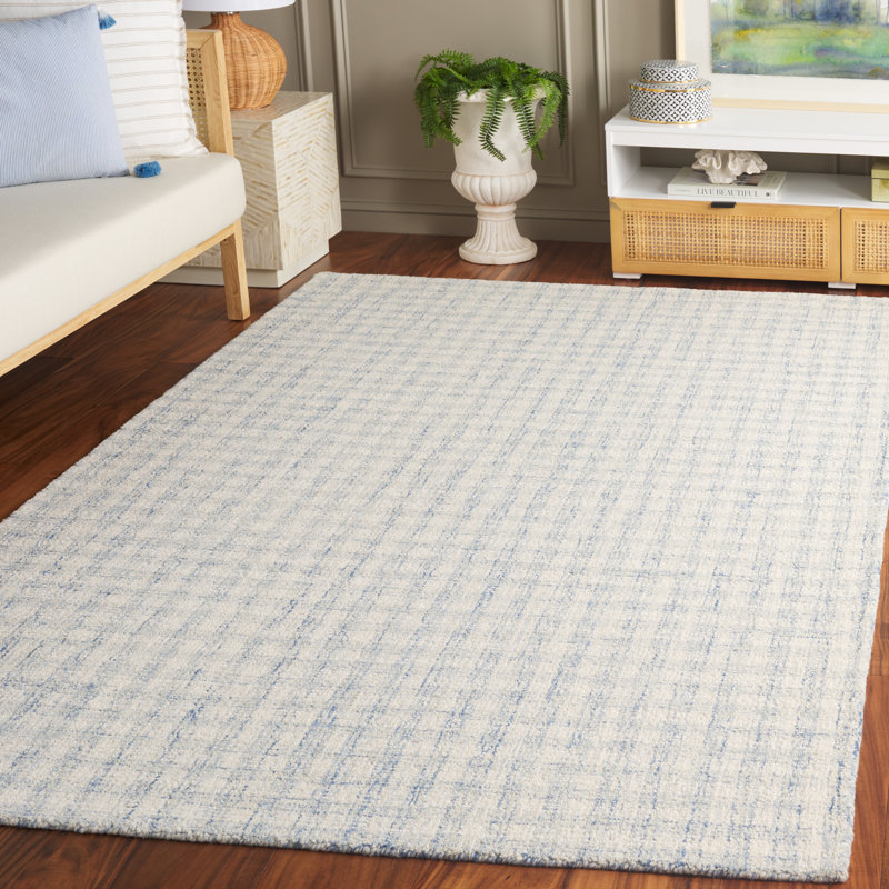 Antine Ebony Hand Tufted Wool/Cotton Checkered Rug in Blue/Ivory, Rectangle 10' x 14'