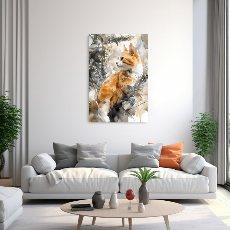 Chat orange, aquarelle abstraite, paix sereine, pin, forêt, art mural, 60" H x 40" W
