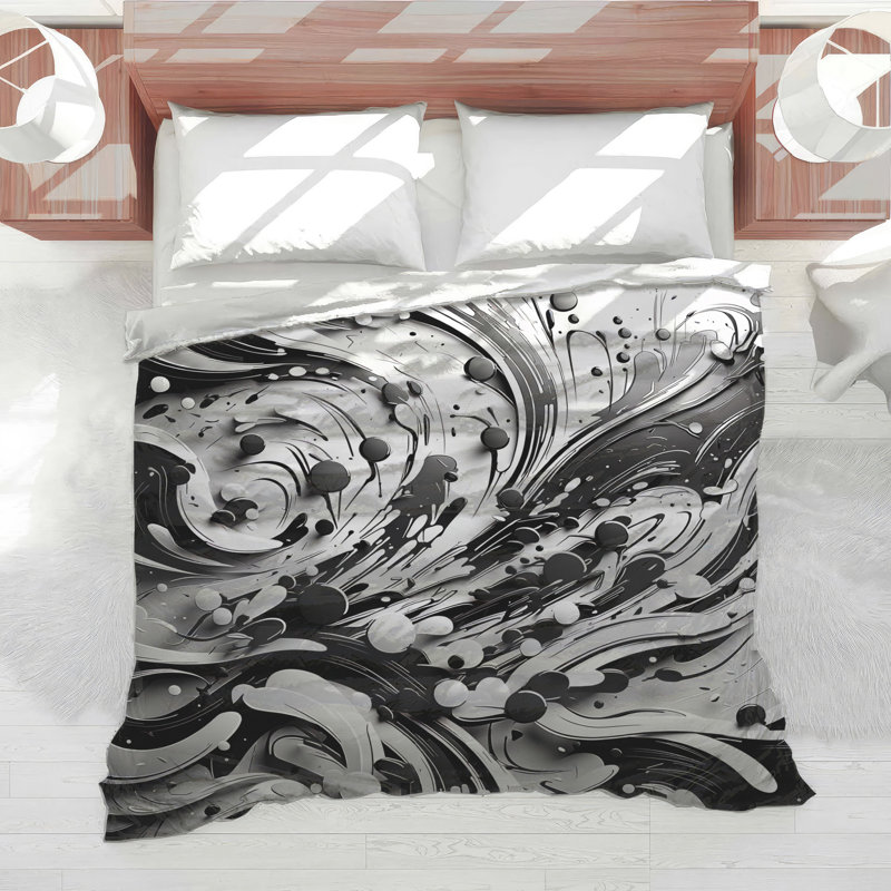 Édredon noir et blanc à tourbillons abstraits, Très grand lit