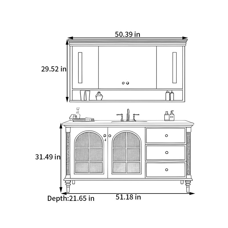 American retro-style rock plate bathroom cabinet, 31.49" H x 51.18" W x 21.65" D