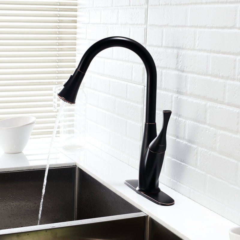 Oil - Rubbed Bronze Pull Out Faucet, Streamlined For Kitchen Use, Life Shine Surface, Repels Water Spots, Single Handle Right Or Left, 360 Degree Swivel Spout, Dual Spray Modes, Mountable Faucet With
