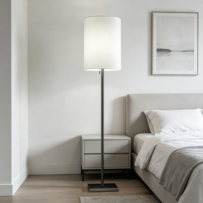 Modern Floor Lamp With Brushed Steel Finish And White Fabric Shade, 60.5 Inch Tall Accent Lighting For Living Room, Bedroom, And Home Decor