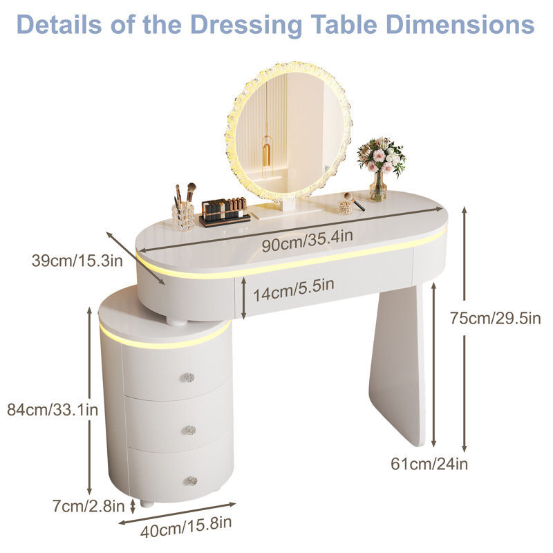 Small Vanity Desk Adjustable Tabletop Length,Storage Cabinet Reversible Layout,Vanity Detachable Mirror