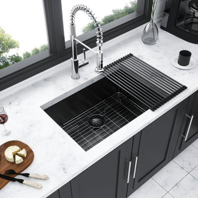 23 , 16 Gauge, T304 10 R10 3 23-Inch Gunmetal Black Undermount Kitchen Sink, Gauge Nano Stainless Steel, 10-Inch Deep, Rounded Corners, Coating For Condensation, With Dish Grid And Drain Assembly