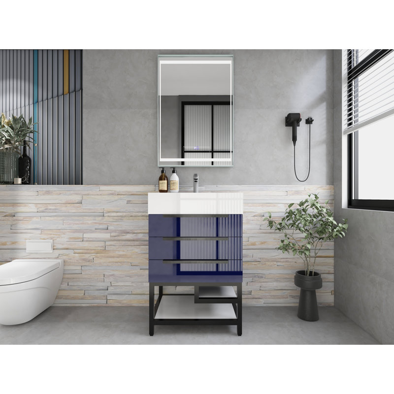 Jessica 23.5'' Single Bathroom Vanity with Stone Top, Navy Blue