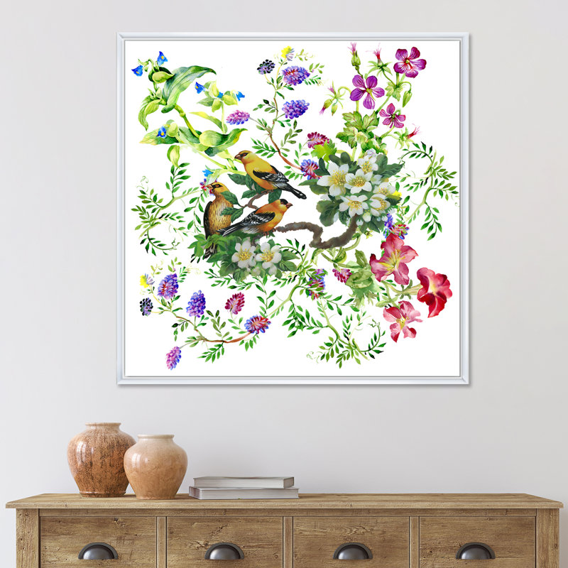 «Tropical Birds with on Blooming Tree», photographie sur toile à cadre flottant, H 16 po x l 16 po x P 1 po, Cadre noir