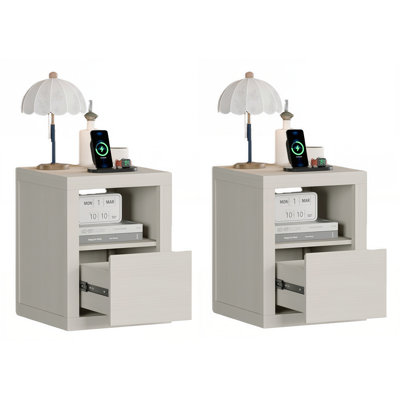Table de chevet, ensemble de 2 avec station de charge cachée, table de chevet étroite avec 2 prises de courant, ports USB et de type C, tiroir et tablette ouverte, table de bout à grain de bois pour petits espaces de chambre à coucher (chêne clair, l 15,98 po)