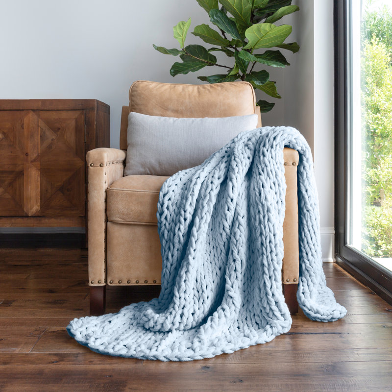 Handmade Chunky Knit Throw Blanket, Blue