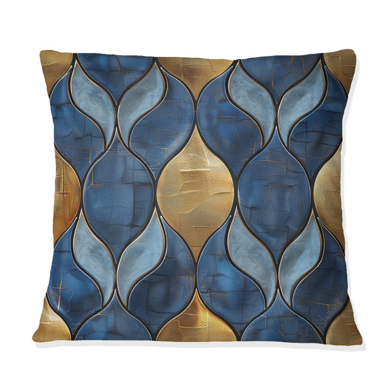 Blue Gold Ogee Patten II - Modern Throw Pillow, 16"H x 16"W