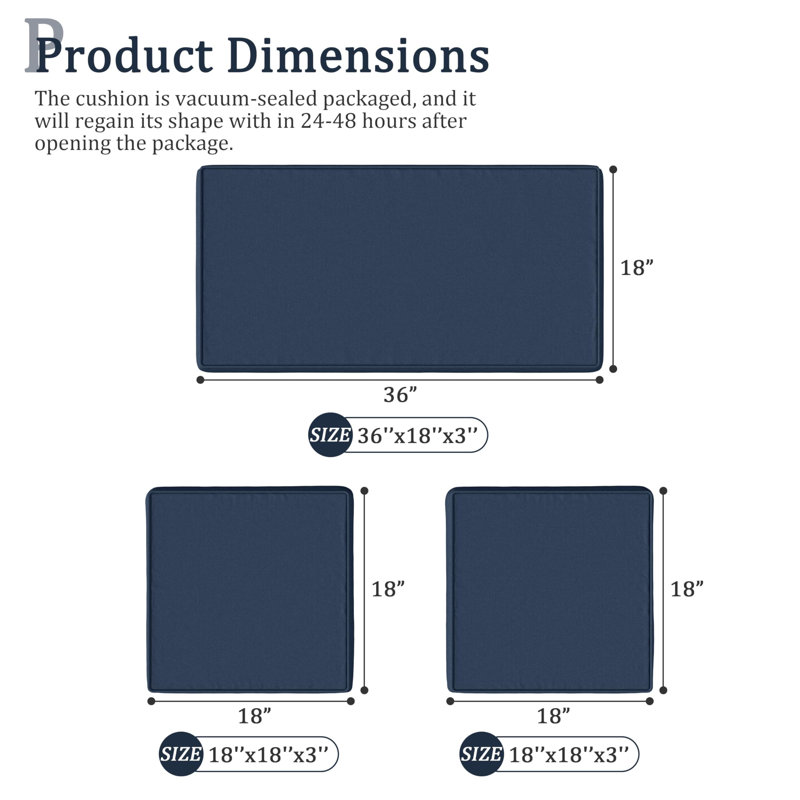 Outdoor Seat Cushions 3" Patio Furniture Cushions Replacement Set For 4 Seats, Cushions Only, Navy Blue