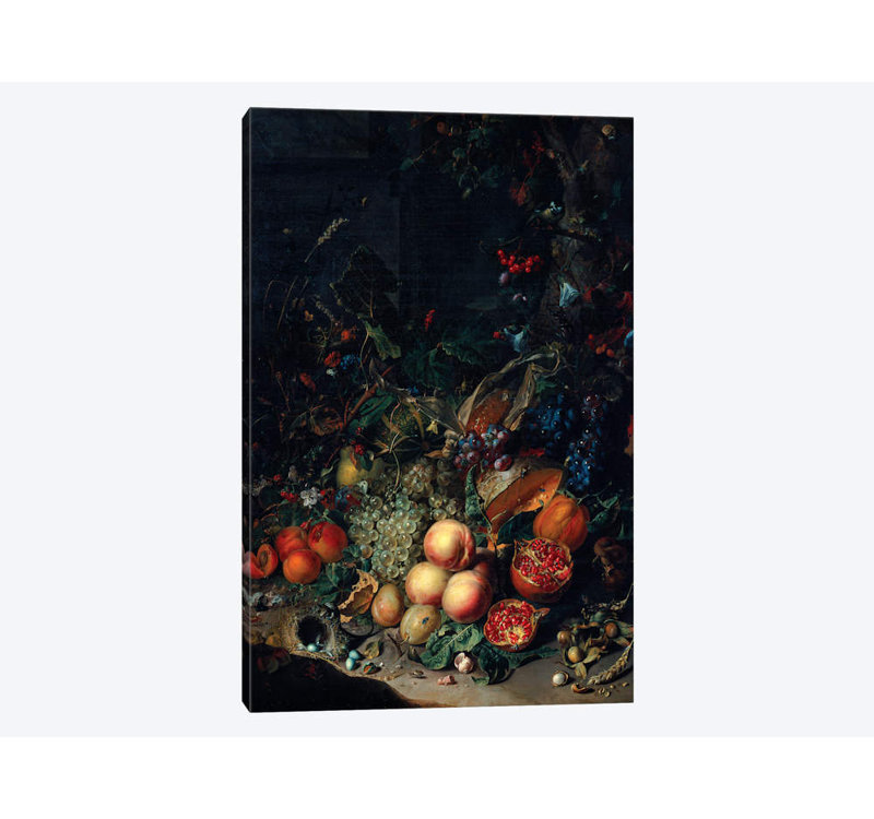 «Pêches, raisins, grenades, melons, épis de maïs, abricots, prunes, poires et glands, 1718», reproduction d'art graphique sur toile tendue