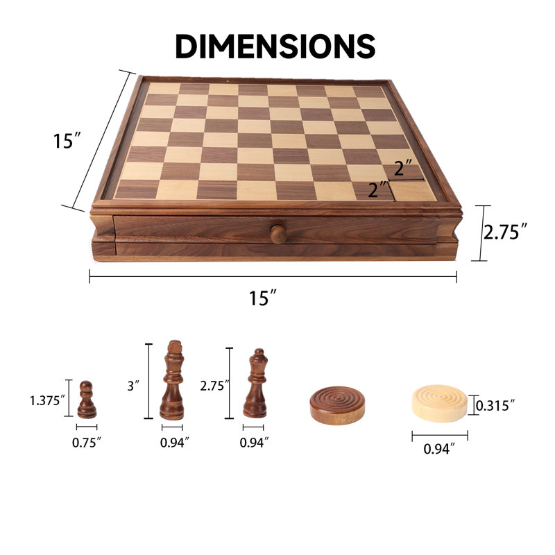 Ensemble de jeu de société d'échecs et de dames en bois 2 en 1 avec tiroir GSE 15 pouces pour enfants et adultes