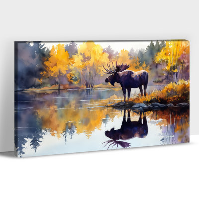 Grand orignal automne, art mural sur toile, reproduction de la scène de la nature sauvage, affiche d'art mural, cerf d'automne rustique, peinture réfléchissante pour le salon, la chambre, le bureau, 32 po x 48 po