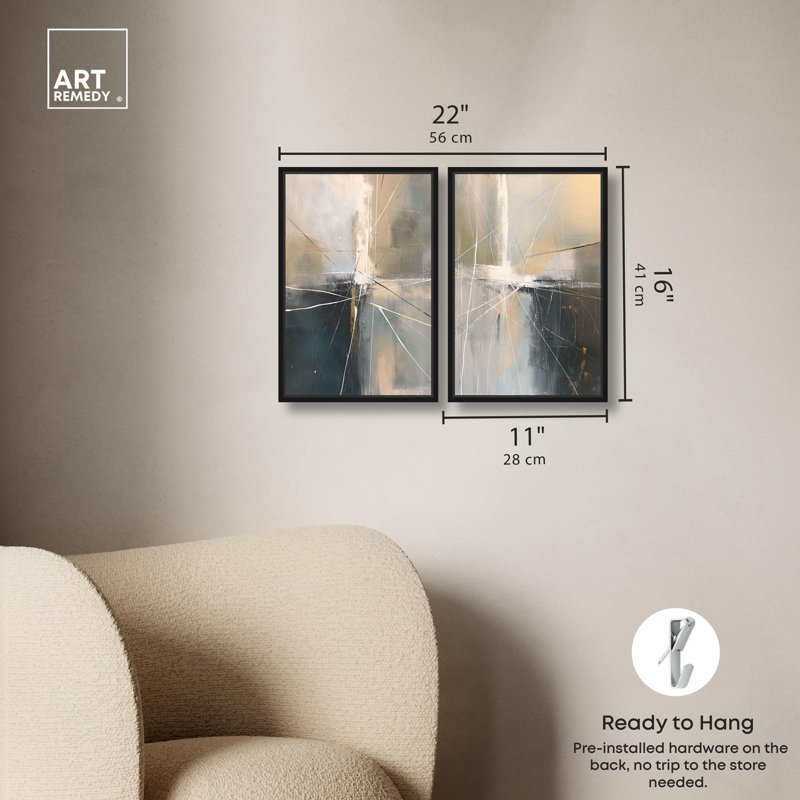 Ensemble contemporain sur toile, ensemble de 2 boho abstrait par Art Remedy, Cadre flottant noir, H 15 po x l 10 po