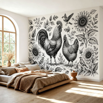 Papier peint adhésif peler et coller sans soudure, coq, poule, tournesols, oiseau domestique décoratif, papier autocollant amovible, contact mural, pour la chambre à coucher du salon H 69 po x l 96 po