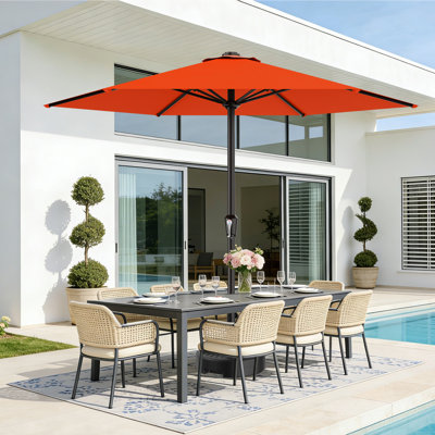 Parasol de patio en acier de 11 pi avec système de levage à manivelle et 6 parasols de table résistants et imperméables parfaits pour la piscine, la terrasse, la plage et le restaurant extérieur, orange