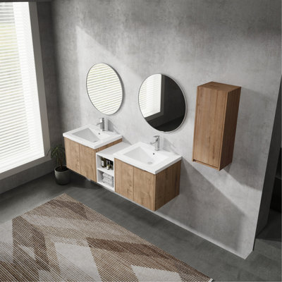Meuble-lavabo mural 60 po avec lavabo et armoire latérale 60 po, portes à fermeture douce, armoire combinée