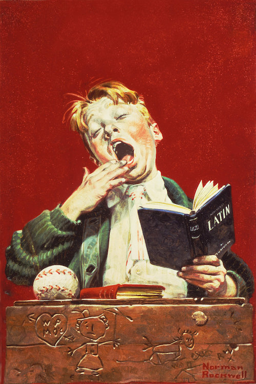 « the sleepy universitaires » par norman rockwell, peinture sur toile, H 40 po x l 26 po x P 1,5 po