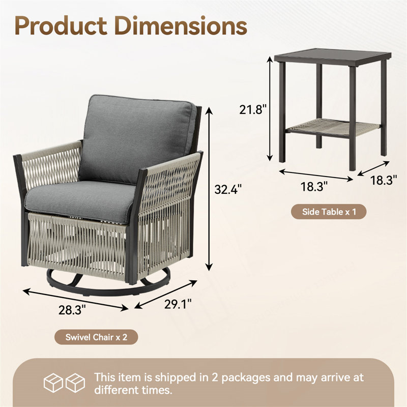 Ensemble de fauteuils oscillants pivotants 3 pièces Aurora Modern, Gris, 3 pièces: table d'appoint, 2 chaises
