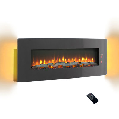 Antique Black Curved Fireplace - 1400w Heating, 4 Backlight Colors, Timer Function, Wall Mounted, Tempered Glass Electric With Design 5000 /h Heat, 8 Ember Bed Remote Included, Table Top/wall Mounted