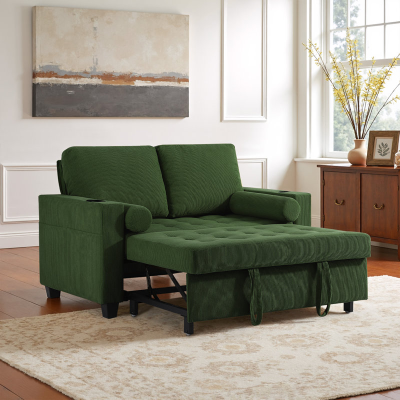 Upholstered Tufted Convertible Pull-Out Sleeper Sofa Bed - Adjustable Backrest With 2 Soft Pillows, Green