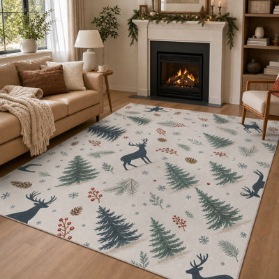 1Pcs Winter Deer Snowflakes Pine Trees Print Area Rug for Living Room Bedroom Kitchen Office Indoor Use for home detor
