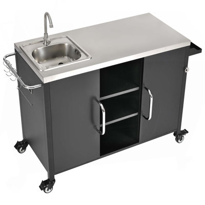 55.5" Outdoor Metal Kitchen Island With 304 Stainless Steel Sink & 4 Lockable Wheels