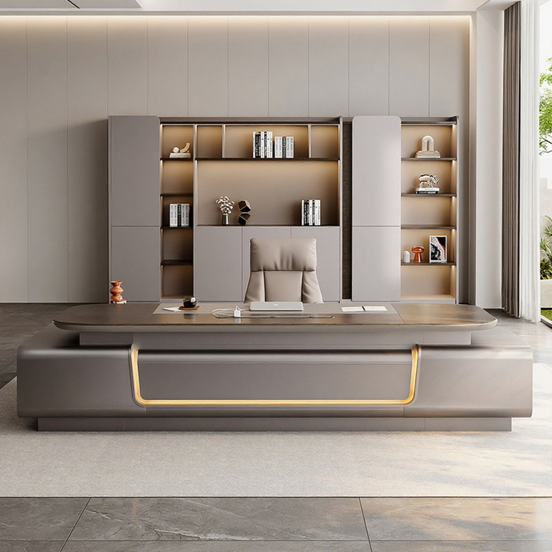 Bureau double caisson en L 110,23 "moderne et minimaliste avec plateau en panneau de fibres à densité moyenne épaissi incurvé, armoire latérale en panneau de particules, avec lumière ambiante, verrou d'empreinte digitale et douille de rail, bureau d
