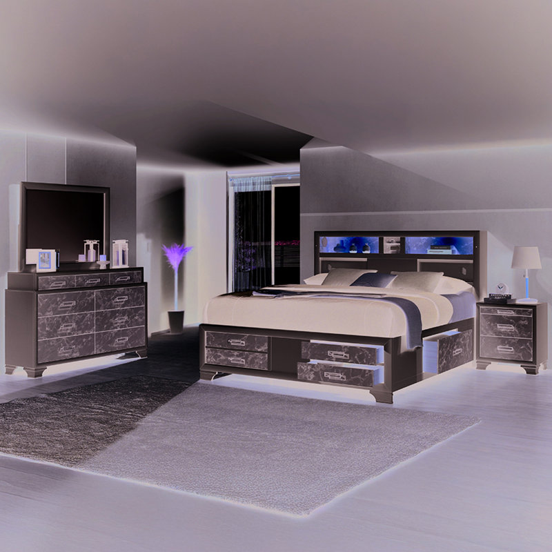 Lit double, style moderne, structure blanche, tiroirs en marbre, esthétique intégrée des luminaires, bois, panneaux, fonction de charge en C.