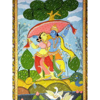 Radha Krishna sous la pluie | Art sur soie | Par Sonam Mishra
