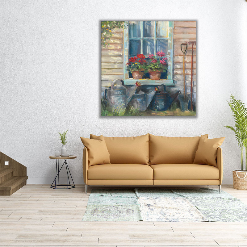 Fenêtre avec géraniums - reproduction d'art sur toile, H 20 po x l 20 po