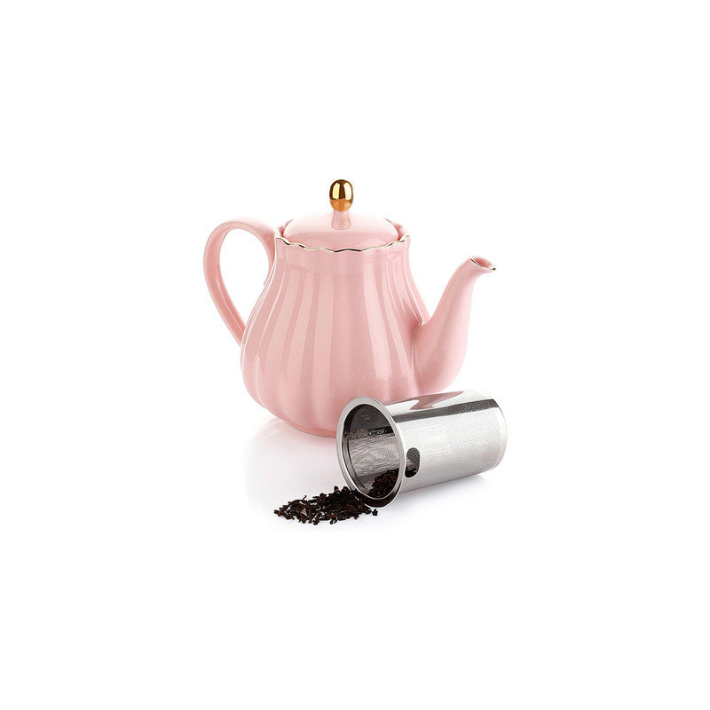 Pink Ceramic Teapot with Stainless Steel Infuser, 28 Ounce
