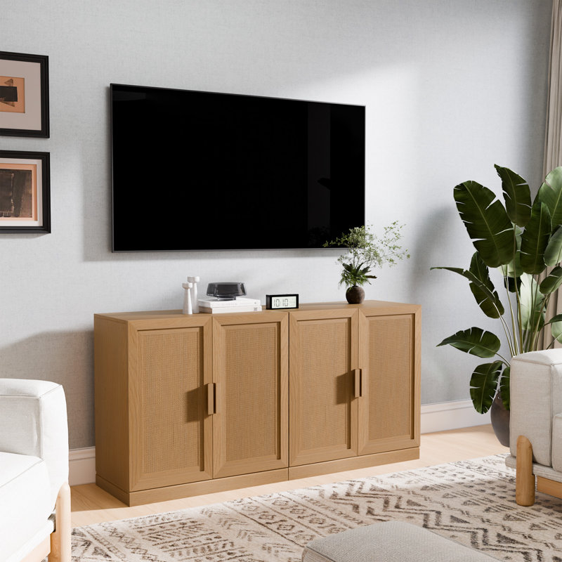 Armoire de cuisine 62 po H x 31 po Farmhouse avec portes en rotin et étagère de rangement réglable, Bois naturel