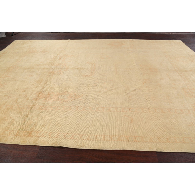 Tapis beige en laine noué à la main de conception unique 8 pi 6 po x 12 pi 3 po