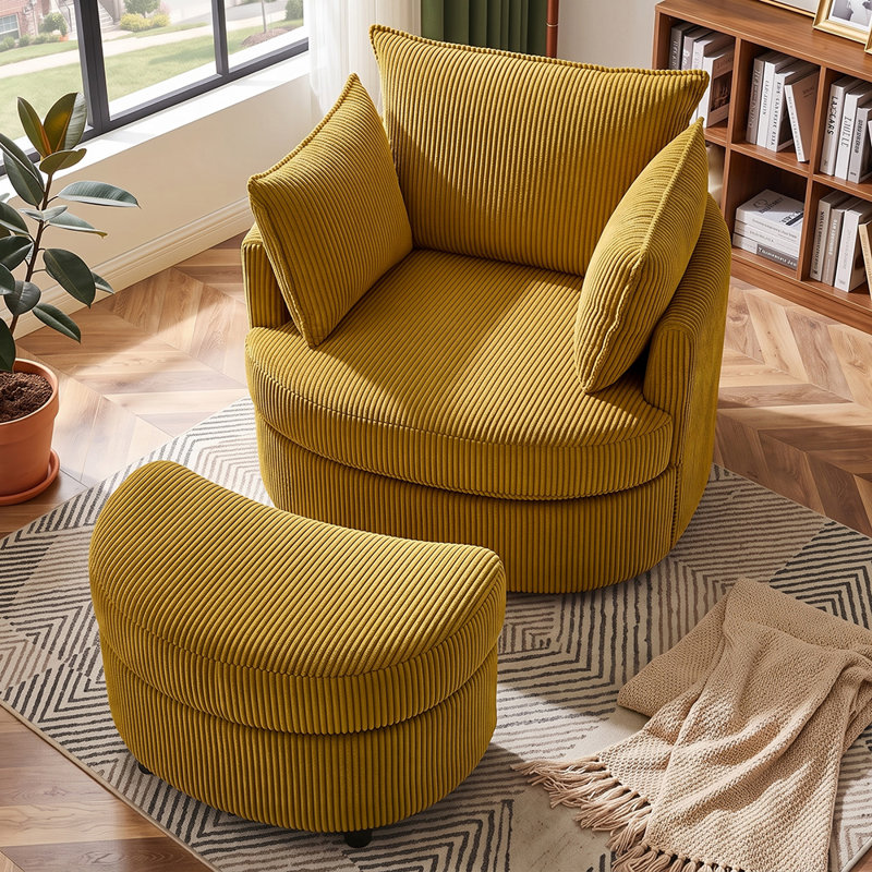 Fauteuil d'appoint pivotant en tonneau avec rangement caché Corduroy, Jaune