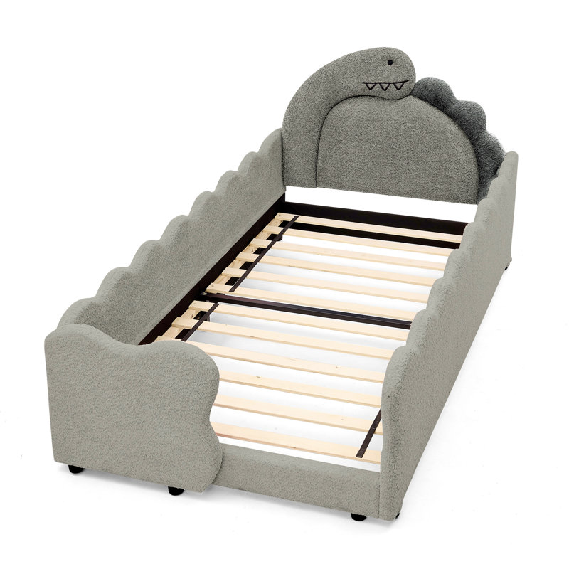 Cute Dinosaur-Shaped Kids Bed with Safety Guardraild, Solid Wood Toddler Bed Frame, Gray