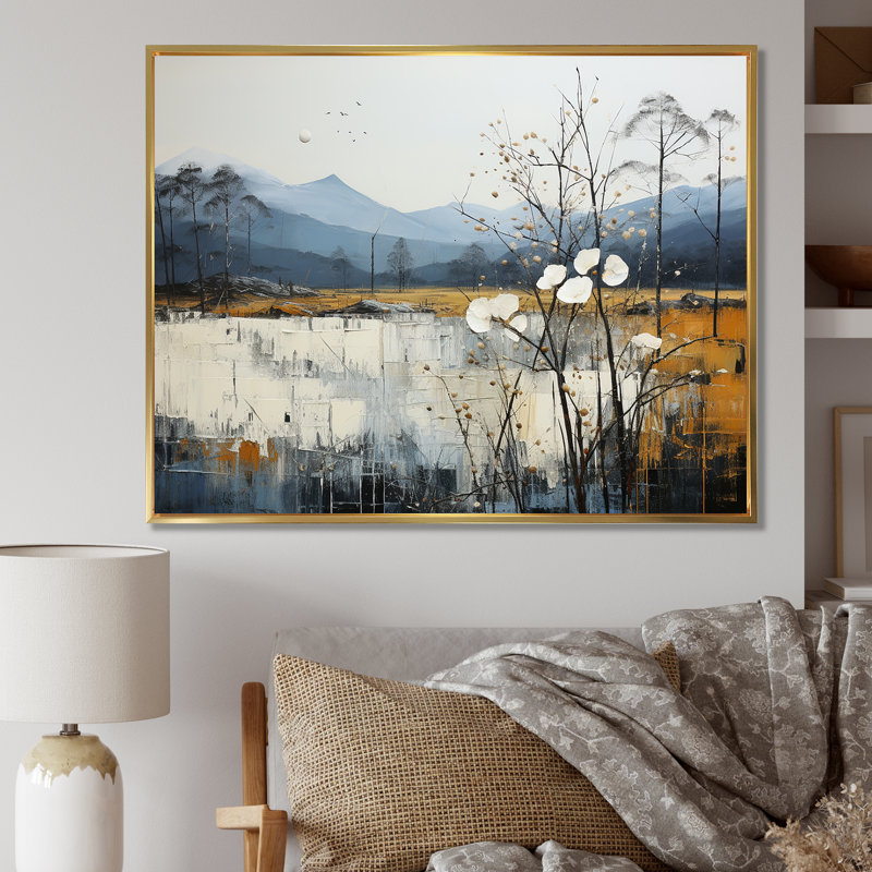 Minimalisme beige et bleu campagne IV - campagne, art mural, H 24 po x l 32 po x P 1 po, Cadre flottant doré
