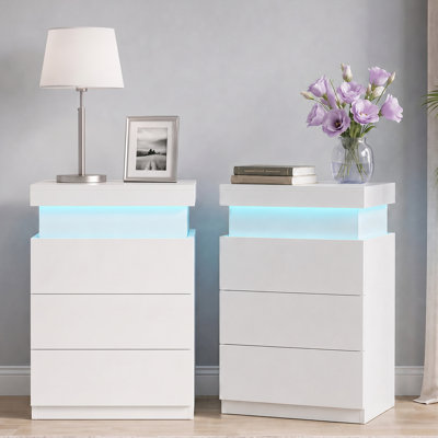 Carlisa 3 Drawer Nightstand with LED Lights and Charging Station, Sliding Top Bedside Table with Hidden Phone Storage, Modern End Table for Bedroom