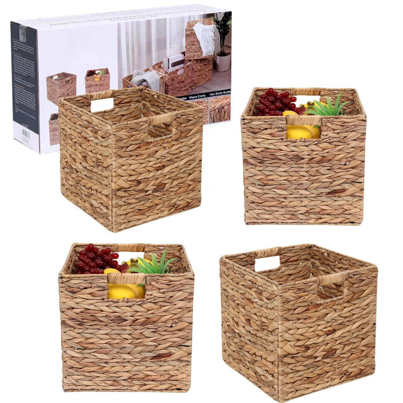 Foldable Handwoven Water Hyacinth Storage Baskets Wicker Cube Baskets Rectangular Laundry Organizer Totes,Set Of 4 Pcs.