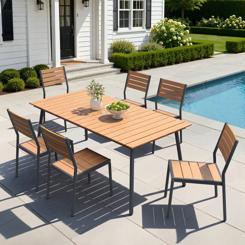 Luceile 6 - Person Rectangular Aluminum Patio Dining Set with Umbrella Hole and Stacking Chairs  (Set of 7), Brown/Black