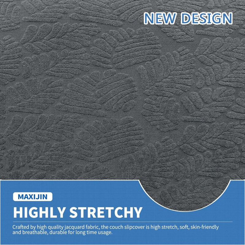 Housse pour canapé à coussins en T Stretch Leaf, Grey Fabric, H 41 po x l 92 po x P 42 po