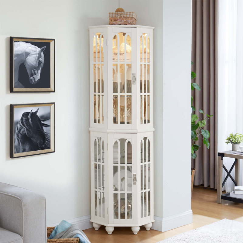 Corner Curio Cabinet With 4 Adjustable Tempered Glass Shelves, Lighting System, And Acrylic Mirrored Back Panel For Elegant Display