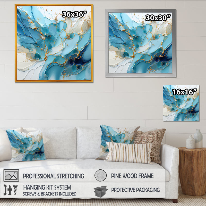 Bleu et blanc, charme de glacier - formes abstraites, art mural, Cadre simple noir, H 36 po x l 36 po x P 1,5 po